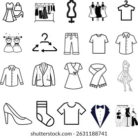 Clothing and Fashion Icon Set – Vector Outline Symbols of Apparel and Accessories