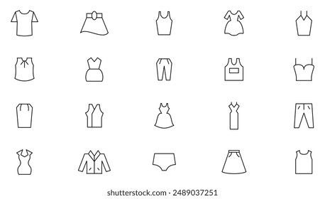 Clothing and fashion line icon set. Jacket, winter coat, sweatshirt, hoody, pullover, bathsuit, evening dress, cardigan, hanger and other apparel outline icon collection. UI thin outline icon set.