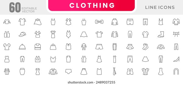 Clothing and fashion line icon set. Jacket, winter coat, sweatshirt, hoody, pullover, bathsuit, evening dress, cardigan, hanger and other apparel outline icon collection. UI thin outline icon set.