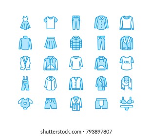 Iconos de línea plana de ropa, de facción. Hombres, ropa de mujer - vestimenta, chaqueta, jeans, ropa interior, sudadera. Señales lineales delgadas para la tienda de ropa y accesorios. Pixel perfecto 64x64.