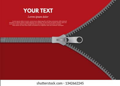 Clothing fastener color vector web banner template. Close and open grey zipper illustration. Sewing and tailoring accessories store poster layout with text space. Decoration for clothes background
