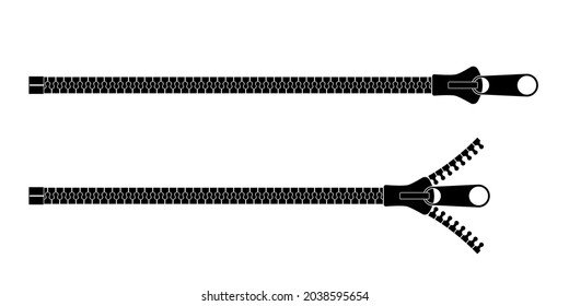 Clothing fastener horizontal vector icons. Close up open and closed zippers for jacket and shirt clipart. Detailed black sewing accessories. Isolated design elements for clothes and textile