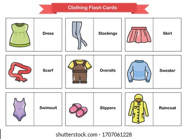 Clothing Flash Cards - Woman and man clothes and accessories collection. Flashcards for education.