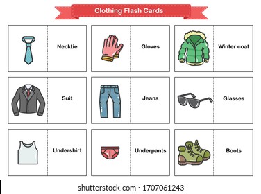 Clothing Flash Cards - Woman and man clothes and accessories collection. Flashcards for education.