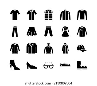 Clothing flat line icons set. Included sign as shirt, sweater, pants, skirt. Simple flat vector illustration for web site or mobile app.