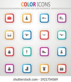 Clothing and footwear store vector flat button icons with colored outline and shadow