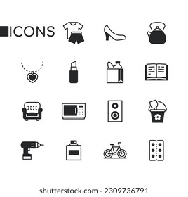 Clothing and furniture - set of line design style icons isolated on white background. High quality images of t-shirt and shorts, shoe, book, kettle, easy chair, microwave oven, loudspeaker and bicycle