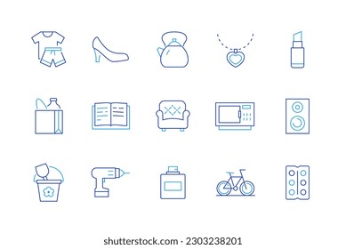 Clothing and furniture - set of modern line design style icons. Shopping categories idea. T-shirt and shorts, shoes, food in the kitchen, kettle and microwave, music column, drill, bicycle