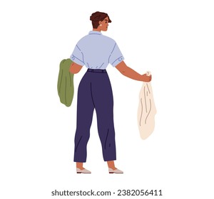 Clothing and garment care concept. Housewife washing, laundrying clothes, housekeping. Woman holding clean laundry, textile, fabric vector illustration. Time for professional cleaning of apparel