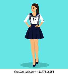Clothing. Girl in a dress in Japanese style. Anime. Sea style. Vector illustration