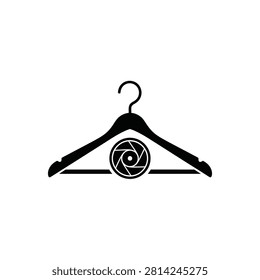 Clothing hanger integrated with a camera aperture lens symbol in black and white
