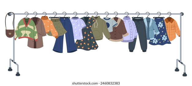 Clothing hanger. Shop fashion. Store rack. Dress and winter coat. Charity exchange and swap. Woman boutique. Secondhand market. Choose wardrobe. Trendy accessories. Vector tidy sale fair garments set