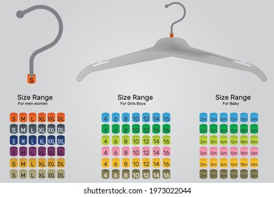 Clothing hanger and hanger sizer. The sizer is shown with the hook. There are extra sizes attached for men, women, boys, girls.
