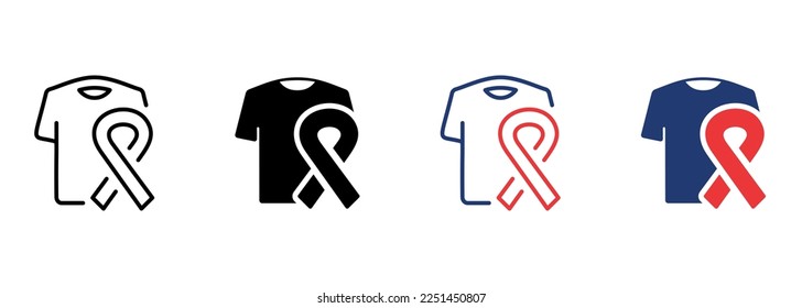 Ayuda en ropa para pacientes con cáncer, sida, ícono de la línea del vih. Camiseta con cinta de opciones apoya el pictograma del paciente con cáncer. Icono de donación de ropa. Stroke editable. Ilustración de vectores aislados.