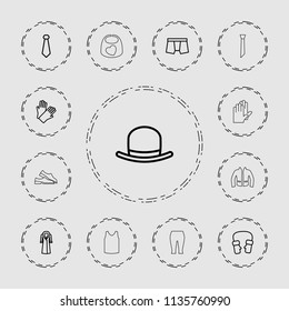 Clothing icon. collection of 13 clothing outline icons such as hat, gloves, man underwear, mittens, overcoat, tie, baby bid. editable clothing icons for web and mobile.