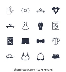 Clothing icon. collection of 16 clothing filled and outline icons such as hanger, skirt, sport bra, blouse, dress, bow tie. editable clothing icons for web and mobile.