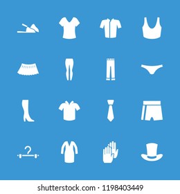 Clothing icon. collection of 16 clothing filled icons such as shirt, female underwear, sport bra, jacket, dress, skirt, tie. editable clothing icons for web and mobile.