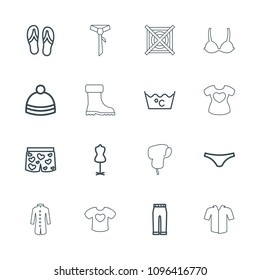 Clothing icon. collection of 16 clothing outline icons such as laundry, mannequin, female underwear, woman pants, winter hat. editable clothing icons for web and mobile.