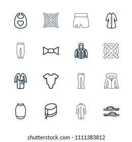 Clothing icon. collection of 16 clothing outline icons such as baby onesie, baby bid, dress, bow tie, skirt, hoodie, overcoat. editable clothing icons for web and mobile.