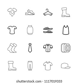 Clothing icon. collection of 16 clothing outline icons such as hanger, slippers, singlet, blouse, t-shirt, tie, boot, baby onesie. editable clothing icons for web and mobile.