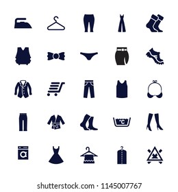 Clothing icon. collection of 25 clothing filled icons such as hanger, iron, woman boots, boot, female underwear, woman pants. editable clothing icons for web and mobile.