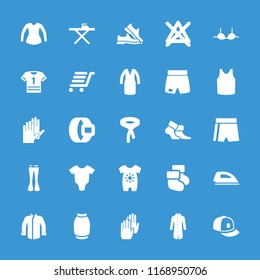 Clothing icon. collection of 25 clothing filled icons such as baby onesie, bra, singlet, blouse, dress, tie, woman pants, skirt. editable clothing icons for web and mobile.