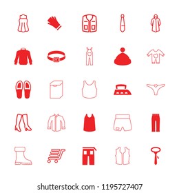 Clothing icon. collection of 25 clothing filled and outline icons such as singlet, tie, pants, woman pants, overcoat, woman boots. editable clothing icons for web and mobile.