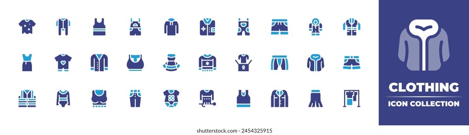 Clothing icon collection. Duotone color. Vector illustration. Containing tshirt, dress, sweater, vest, shirt, baby clothes, clothes, tank top, shorts, top, cardigan, hockey, baby body, overalls.