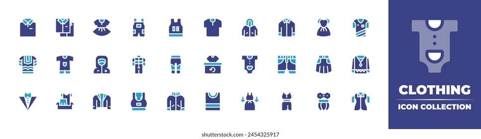 Clothing icon collection. Duotone color. Vector illustration. Containing suit, shirt, clothing, recycle, tshirt, clothes, baby clothes, sport bra, baby dress, baby body, raincoat, overall, skirt.