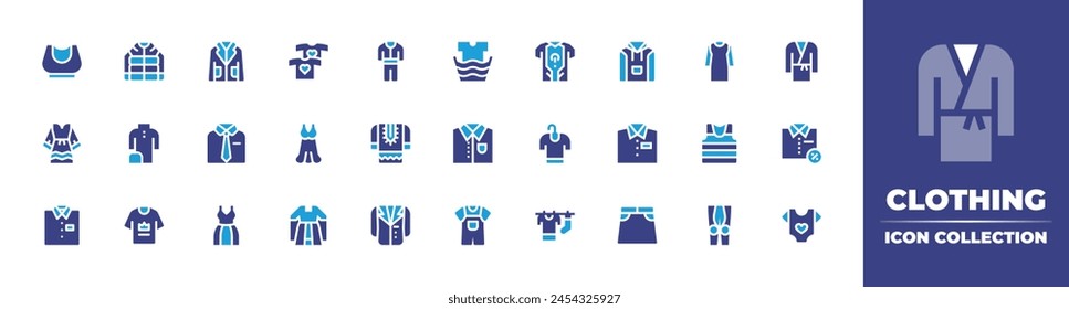 Clothing icon collection. Duotone color. Vector illustration. Containing baby clothes, shirt, dress, coat, top, african, clothes, laundry, oversize, tshirt, clothing, smart clothing, jacket, skirt.