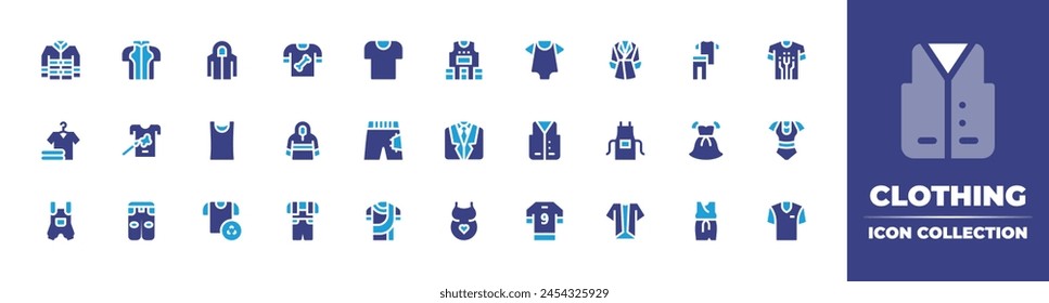 Clothing icon collection. Duotone color. Vector illustration. Containing hanger, recycling, shirt, jacket, tshirt, pregnancy, life vest, baby clothing, suit, pet, clothing, clothes, baby clothes.