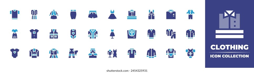 Clothing icon collection. Duotone color. Vector illustration. Containing baby clothes, dress, shirt, fashion, pyjamas, t shirt, shorts, suit, bodysuit, outfit, jacket, clothes, smart clothing.