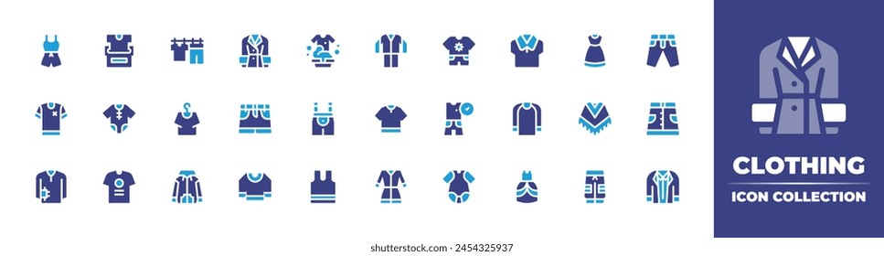 Colección de íconos de ropa. Color duotono. Ilustración vectorial. Con ropa, vestido, camiseta, pijamas, camisa, camiseta, ropa de bebé, ropa fresca, seco, traje, donación, falda, vestido, poncho, pantalones cortos.