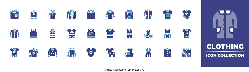 Clothing icon collection. Duotone color. Vector illustration. Containing tshirt, winter jacket, babies, shirt, clothes, baby, baby dress, sport, dirty, clean clothes, jacket.