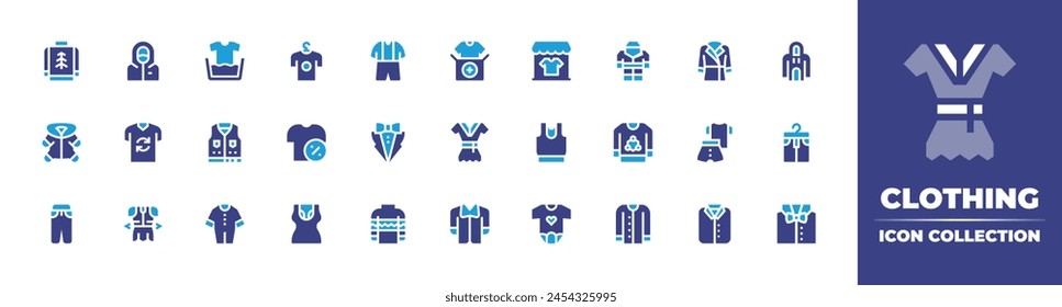 Clothing icon collection. Duotone color. Vector illustration. Containing clothing store, clothes, laundry, shirt, jeans, jacket, baby clothes, safety suit, clothing, cardigan, tshirt, hazmat, tuxedo.