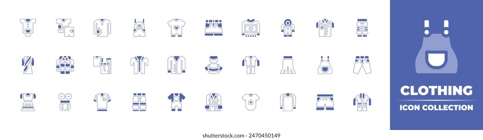 Clothing icon collection. Duotone style line stroke and bold. Vector illustration. Containing tshirt, pijamas, shirt, sweater, traditional dress, baby clothes, clothes, baby dress, overall, pants.
