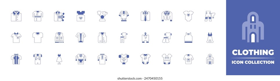 Clothing icon collection. Duotone style line stroke and bold. Vector illustration. Containing baby clothes, choice, fashion, shirt, babies, tshirt, clothes, outfit, baby dress, jacket, oversize.