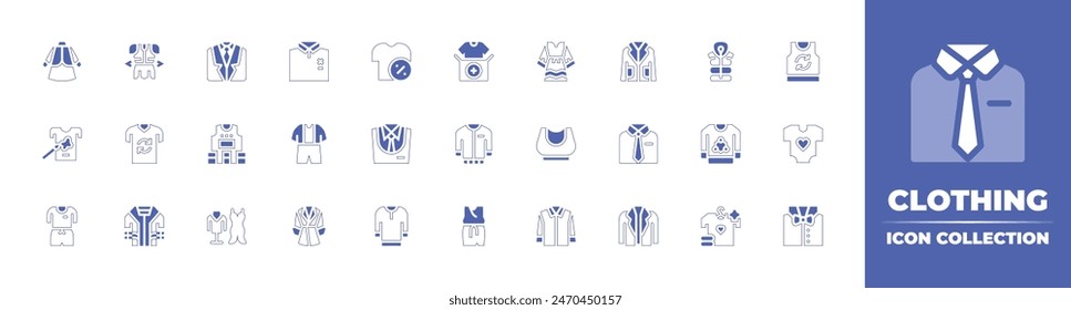 Clothing icon collection. Duotone style line stroke and bold. Vector illustration. Containing shirt, dress, coat, fashion, top, life vest, clothes, suit, jacket, tshirt, clothing, summer clothing.