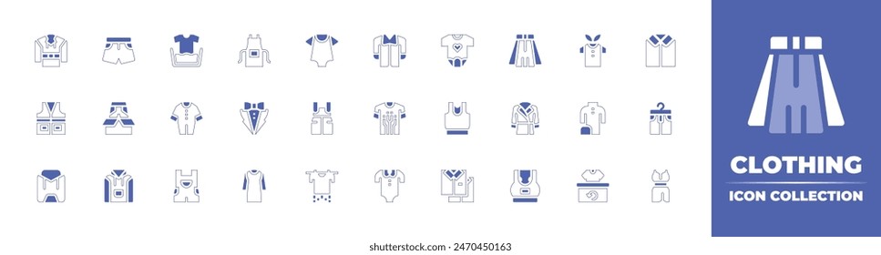 Clothing icon collection. Duotone style line stroke and bold. Vector illustration. Containing dress, laundry, shirt, shorts, drying, recycle, baby clothes, clothes, smart clothing, sport bra, jumpsuit