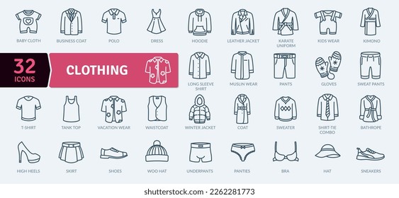 Clothing icon pack. Collection of thin line clothing icons