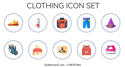 conjunto de iconos de ropa. 10 iconos de ropa plana. Incluye sandalias, medias, percha, sombrero de invierno, pullover, pantalones, camiseta de baloncesto, sombrero de bruja, iconos de hierro