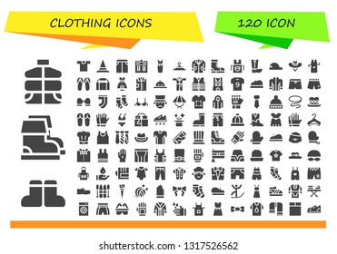 clothing icon set. 120 filled clothing icons.  Simple modern icons about  - Vest, Boots, Shirt, Hat, Short, Machine, Dress, Clothing hanger, Lab coat, Apron, Baseball cap, Sandals