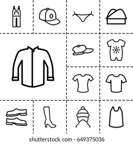 Clothing icon. set of 13 outline clothingicons such as baby onesie, baby cap, panties with heart, woman boot, slippers, t-shirt, singlet, jacket, jumpsuit, baseball cap