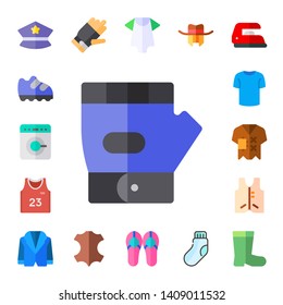 clothing icon set. 17 flat clothing icons.  Collection Of - hat, shoe, washing machine, glove, basketball jersey, shirt, suit, jacket, gloves, leather, baby clothes, sandals, sock