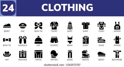clothing icon set. 24 filled clothing icons.  Collection Of - Beret, Hat, Bow tie, Tshirt, Skirt, Shirt, Tunic, Apron, Sandals, Shorts, Bikini, Shoe, Machine, Pants, Mitten icons