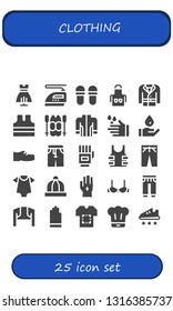 clothing icon set. 25 filled clothing icons.  Collection Of - Dress, Iron, Slippers, Apron, Coat, Sleeveless shirt, Ski, Jacket, Wash, Shoes, Pants, Gloves, Bulletproof, Trousers
