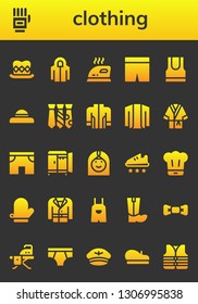 clothing icon set. 26 filled clothing icons.  Simple modern icons about  - Top hat, Gloves, Hoodie, Iron, Shorts, Tank top, Hat, Tie, Jacket, Cardigan, Bathrobe, Wardrobe, Arab woman