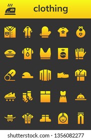 clothing icon set. 26 filled clothing icons.  Simple modern icons about  - Shirt, Iron, Pijama, Mitten, Baby bib, Hat, Tank top, Washing machine, Gloves, Safety pin, Baseball cap