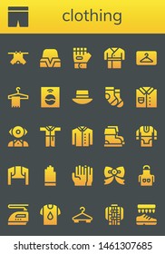 clothing icon set. 26 filled clothing icons.  Simple modern icons about  - Clothes, Shorts, Hat, Glove, Robe, Hanger, Washing machine, Socks, Shirt, Mentalist, Bathrobe, Boots