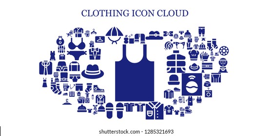  clothing icon set. 93 filled clothing icons. Simple modern icons about  - Tank top, Wash, Robe, Hat, Scarf, Shirt, Slippers, Dress, Glove, Hanger, Ironing board, Gloves, Suit
